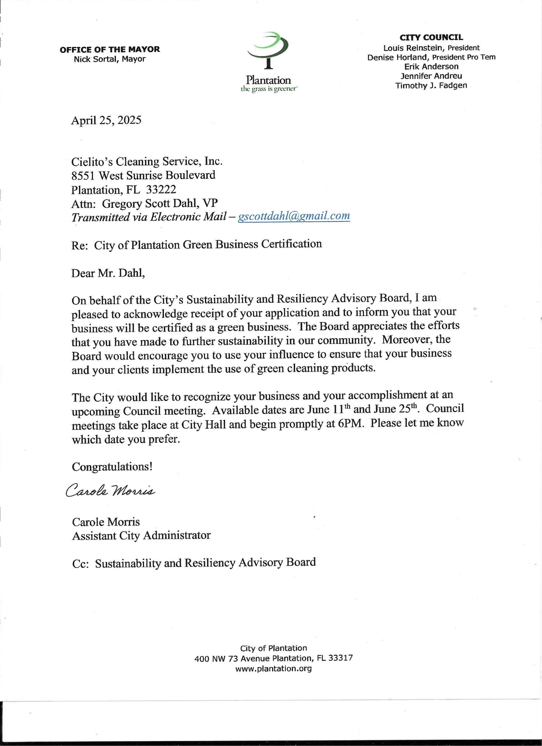 Member of Plantation, FL Chamber of Commerce